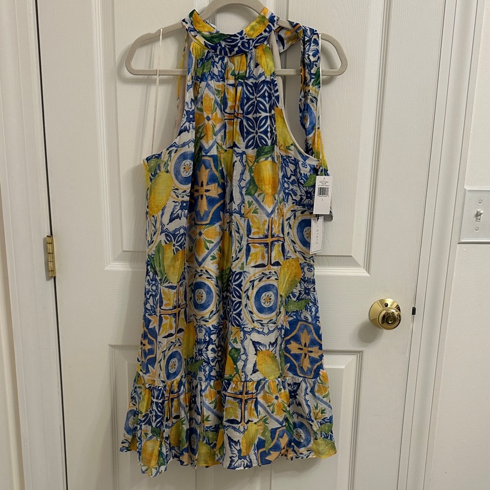 1. State Blue, Yellow & White Lemon Tile Halter Mini Dress